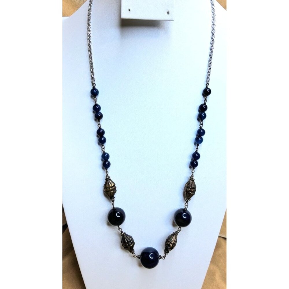 vintage silver, gold tone metal with blue acrylic beads necklace
